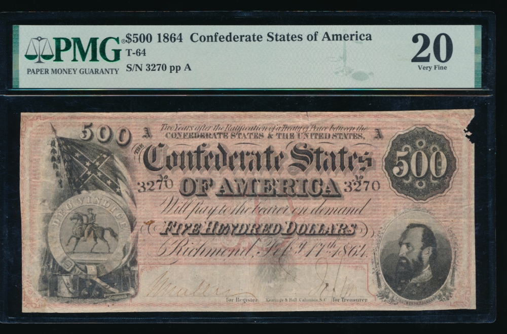 Fr. T-64 1864 $500  Confederate  PMG 20 comment 3270
