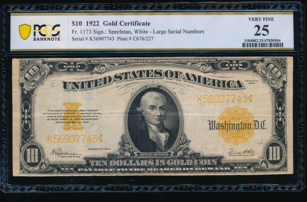 Fr. 1173 1922 $10  Gold Certificate  PCGS 25 K56907743