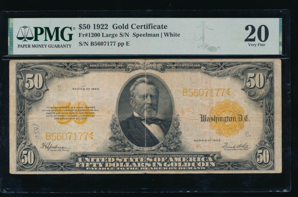 Fr. 1200 1922 $50  Gold Certificate  PMG 20 comment B5607177