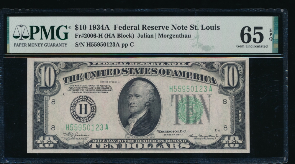 Fr. 2006-H 1934A $10  Federal Reserve Note Saint Louis PMG 65EPQ H55950123A