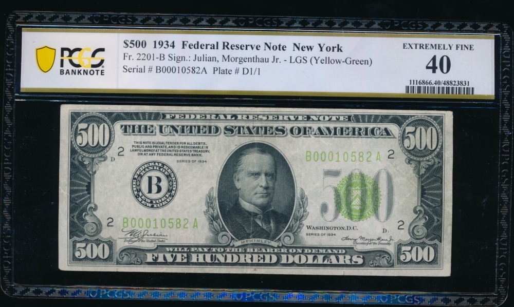 Fr. 2201-B 1934 $500  Federal Reserve Note New York LGS PCGS 40 B00010582A