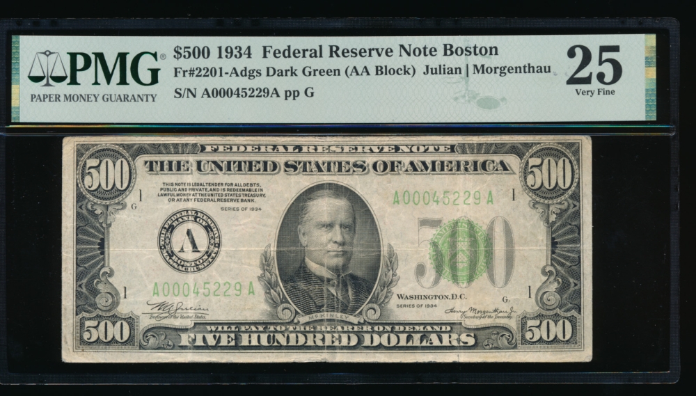 Fr. 2201-A 1934 $500  Federal Reserve Note Boston PMG 25 A00045229A