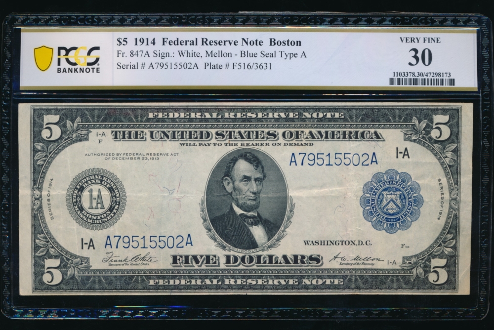 Fr. 847a 1914 $5  Federal Reserve Note Boston PCGS 30 A79515502A
