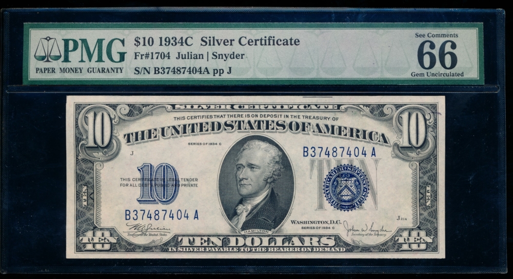 Fr. 1704 1934C $10  Silver Certificate BA block PMG 66EPQ B37487404A