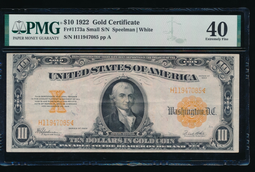 Fr. 1173a 1922 $10  Gold Certificate  PMG 40 H11947085