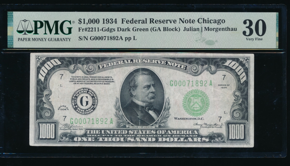 Fr. 2211-G 1934 $1,000  Federal Reserve Note Chicago PMG 30 comment G00071892A obverse