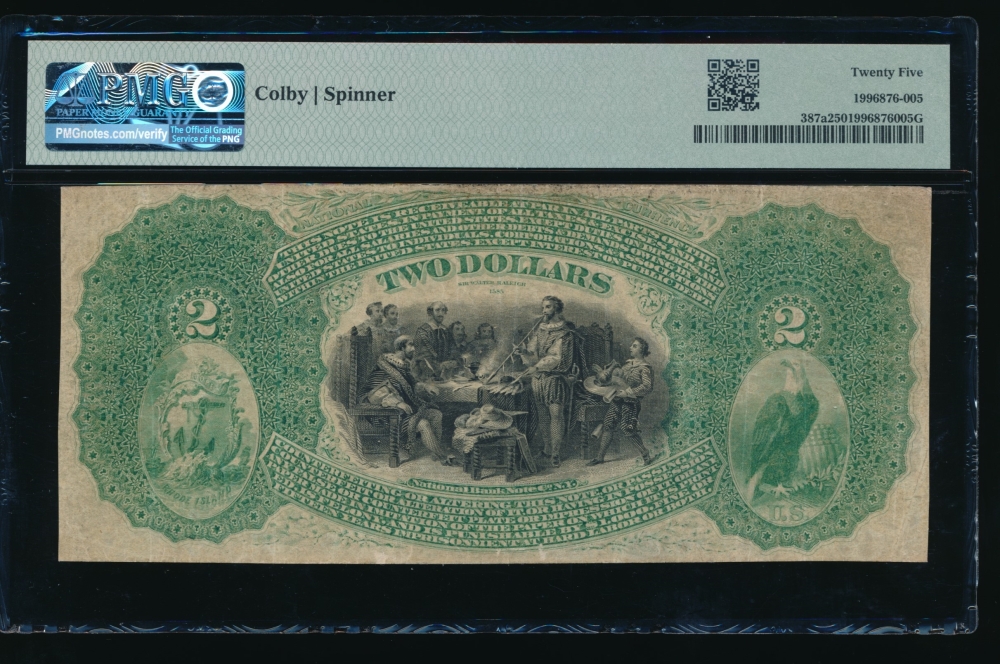 Fr. 387a 1865 $2  National: Original Series Ch #1008 The National Hope Bank of Warren, Rhode Islannd PMG 25 53 reverse