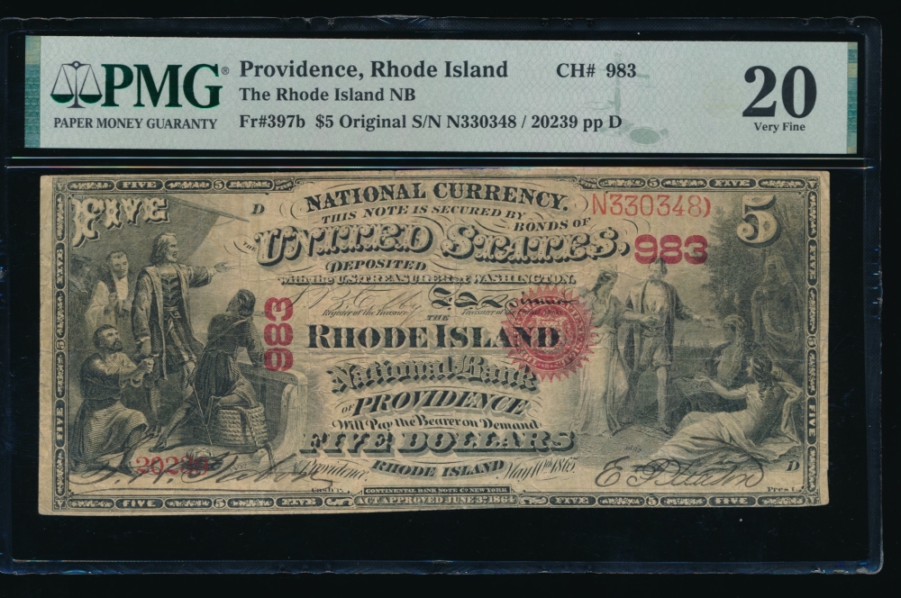 Fr. 397b 1865 $5  National: Original Series Ch #983 The Rhode Island Nbational Bank of Providence, Rhode Island PMG 20 20239