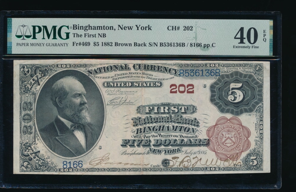 Fr. 469 1882 $5  National: Brown Back Ch #202 The First National Bank of Binghamton, New York PMG 40EPQ 8166