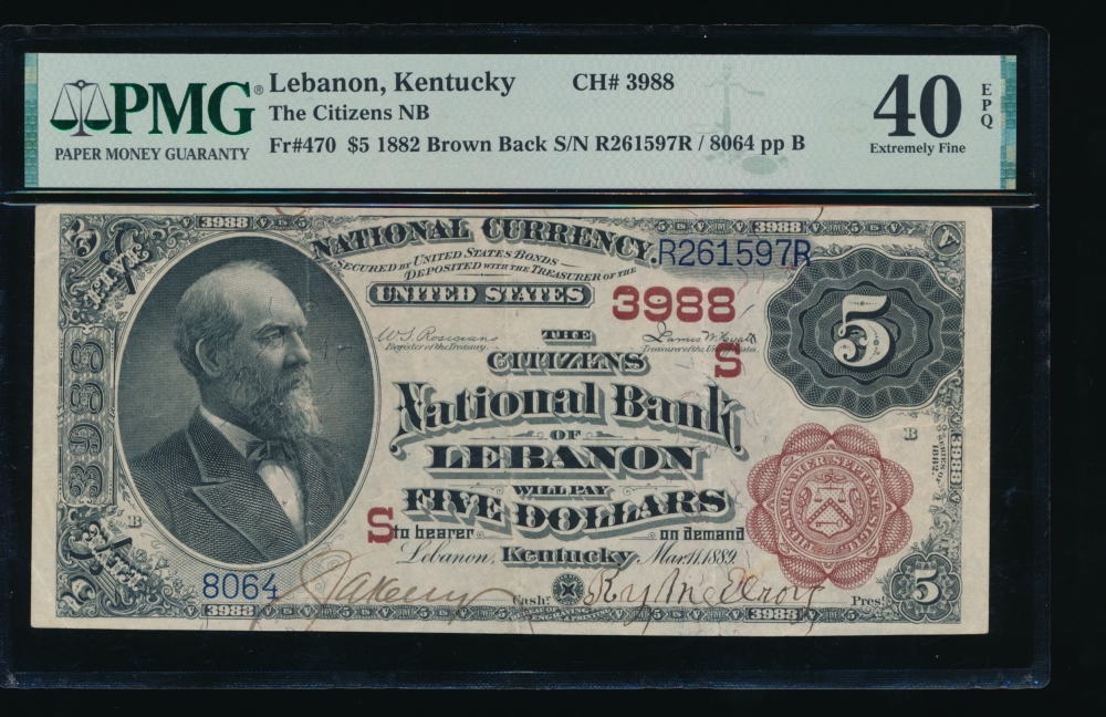 Fr. 470 1882 $5  National: Brown Back Ch #3988 The Citizens National Bank of Lebanon, Kentucky PMG 40EPQ 8064
