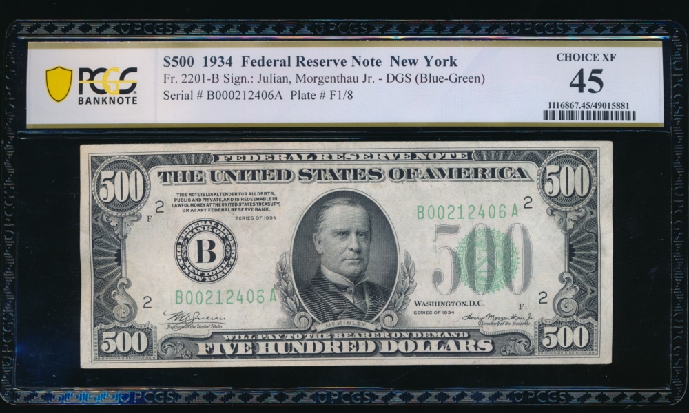 Fr. 2201-B 1934 $500  Federal Reserve Note New York PCGS 45 B00212406A
