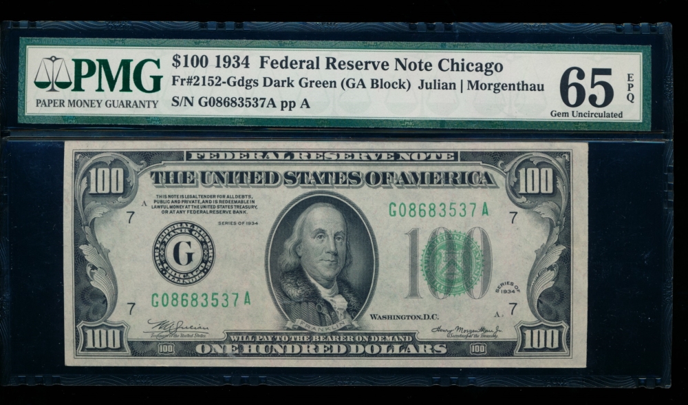 Fr. 2152-G 1934 $100  Federal Reserve Note Chicago PMG 65EPQ G08683537A