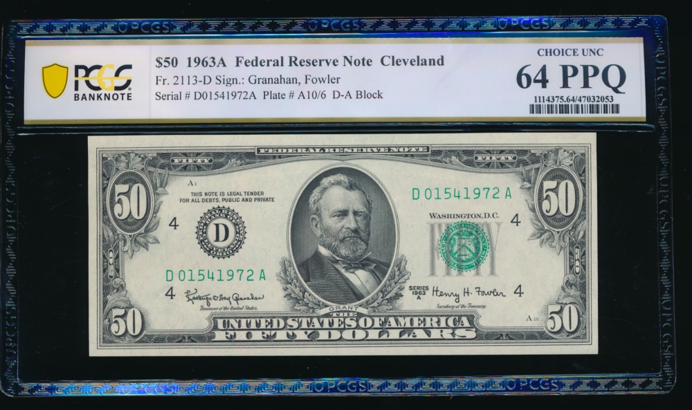 Fr. 2113-D 1963A $50  Federal Reserve Note Cleveland PCGS 64PPQ D01541972A