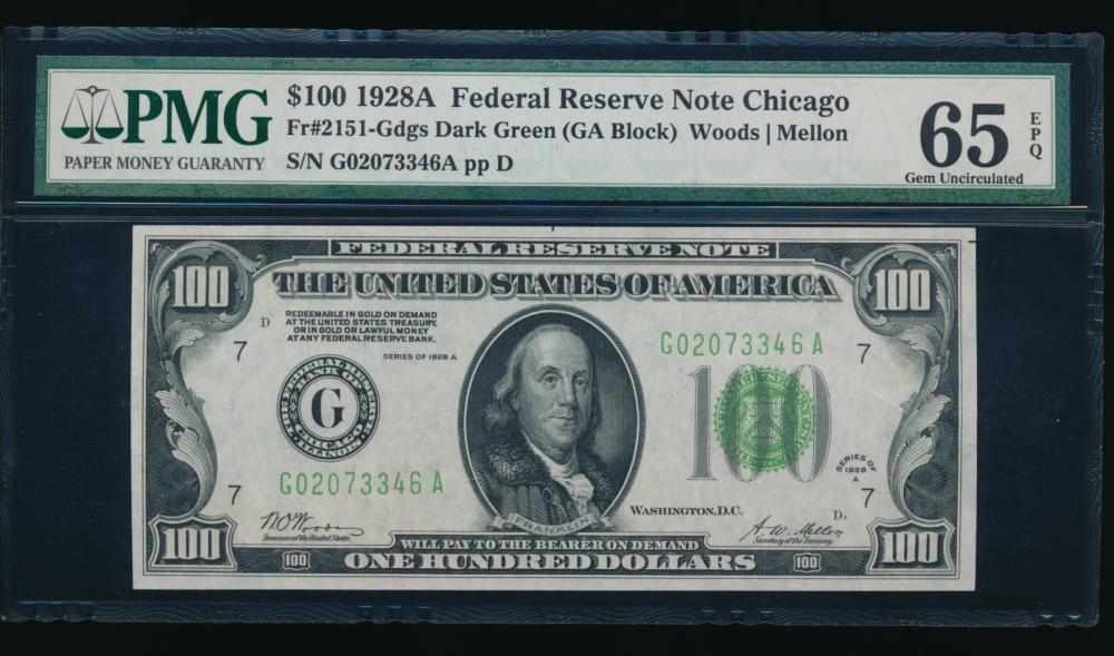 Fr. 2151-G 1928A $100  Federal Reserve Note Chicago PMG 65EPQ G02073346A