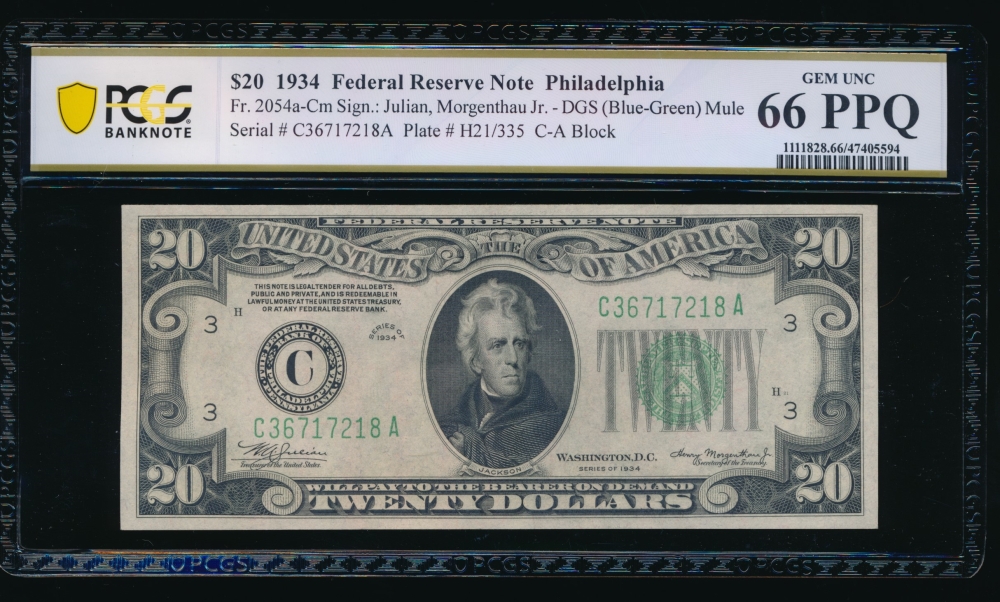 Fr. 2054-C 1934 $20  Federal Reserve Note Philadelphia PCGS 66PPQ C36717218A