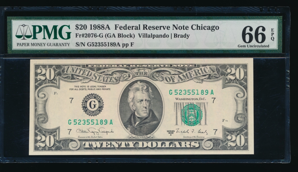 Fr. 2076-G 1988A $20  Federal Reserve Note Chicago PMG 66EPQ G52355189A