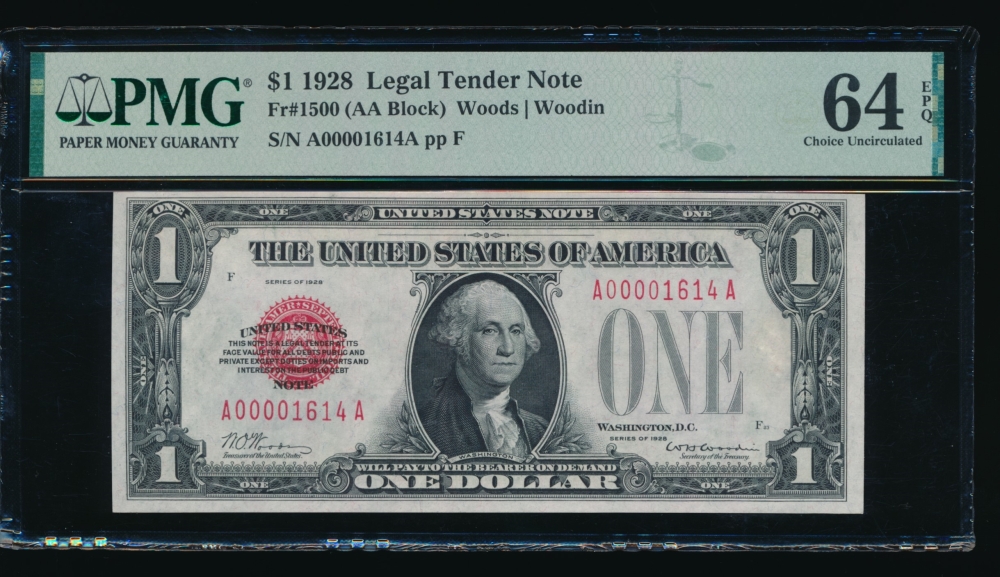 Fr. 1500 1928 $1  Legal Tender low serial number PMG 64EPQ A00001614A