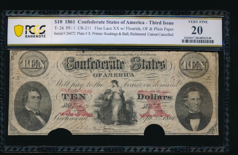 Fr. T-26 1861 $10  Confederate cutout cancelled PCGS 20 26072