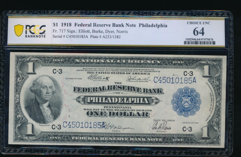 Fr. 717 1918 $1  FRBN Philadelphia PCGS 64 C45010185A