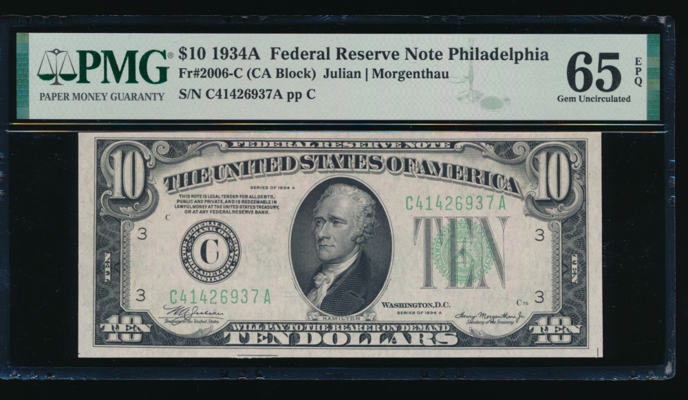 Fr. 2006-C 1934A $10  Federal Reserve Note Philadelphia PMG 65EPQ C41426937A