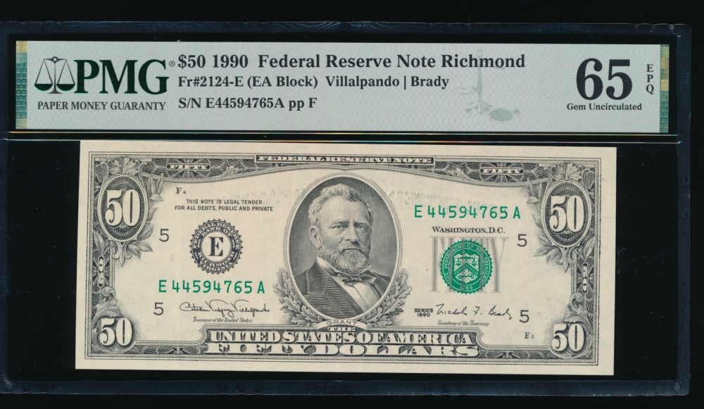 Fr. 2124-E 1990 $50  Federal Reserve Note Richmond PMG 65EPQ E44594765A