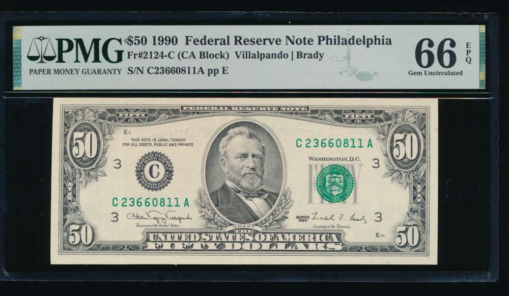 Fr. 2124-C 1990 $50  Federal Reserve Note Philadelphia PMG 66EPQ C23660811A