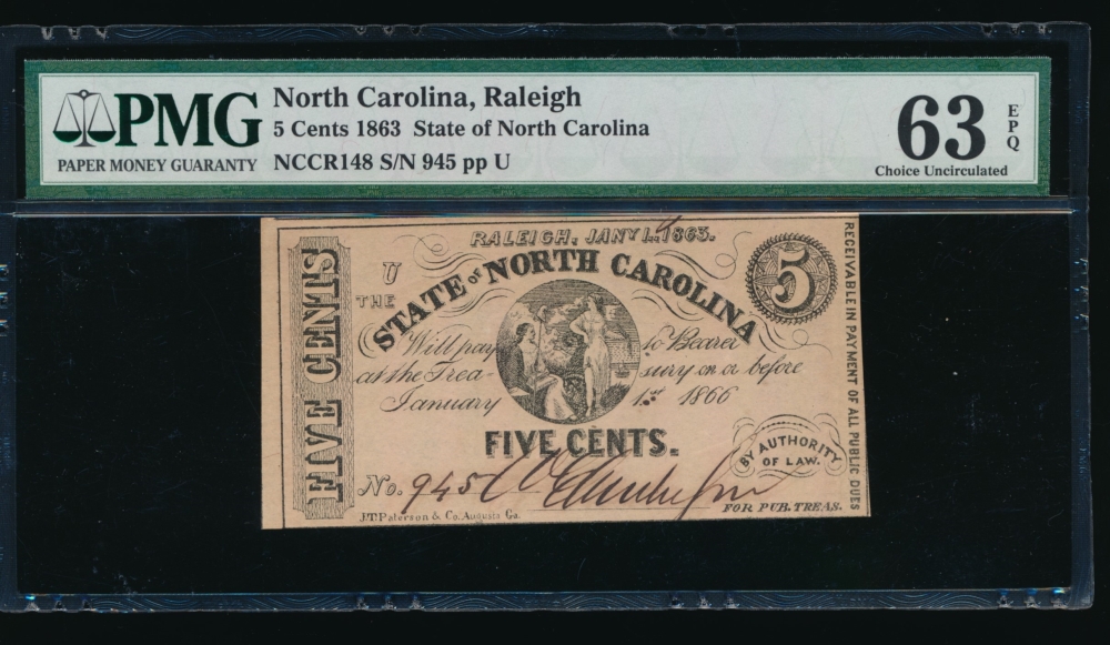 Fr. CR NC-148 1863 $0.05  Obsolete State of North Carolina, Raleigh PMG 63EPQ 945