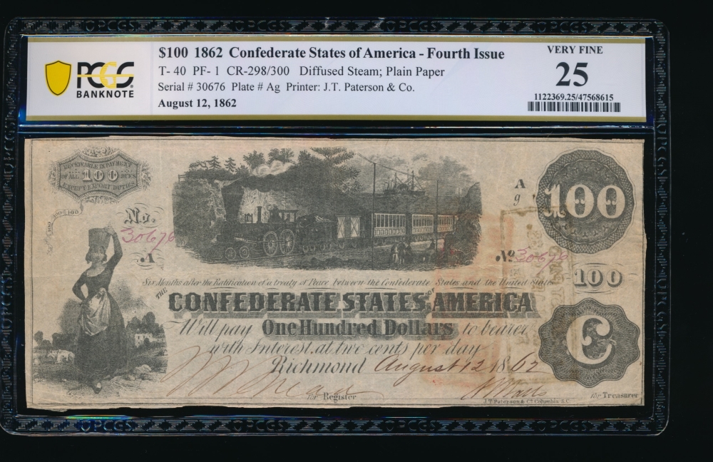 Fr. T-40 1862 $100  Confederate  PCGS 25 30676