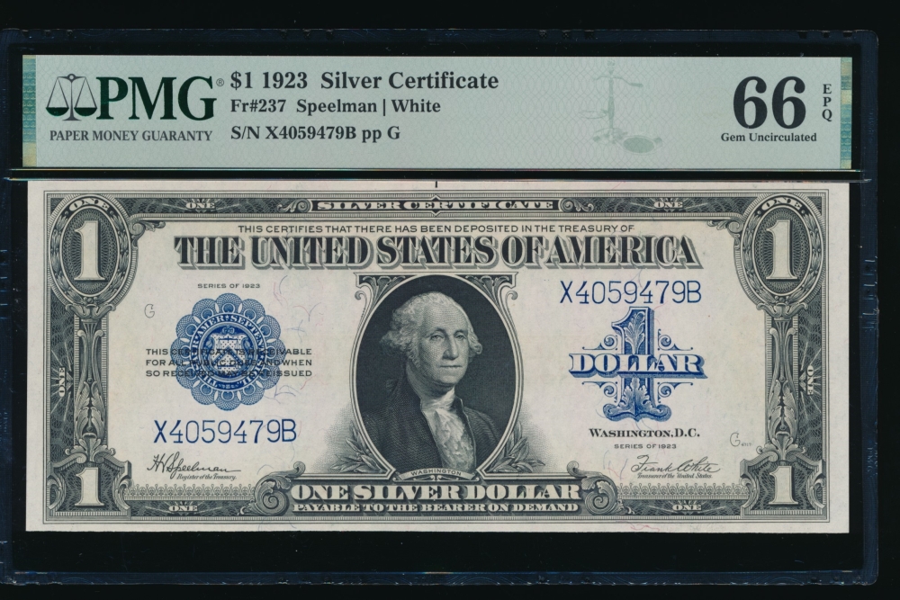 Fr. 237 1923 $1  Silver Certificate XB block PMG 66EPQ X4059479B