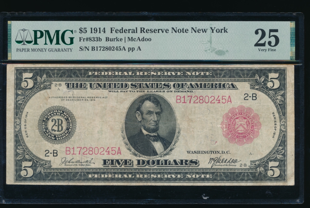 Fr. 833b 1914 $5  Federal Reserve Note New York red seal PMG 25 B17280245A