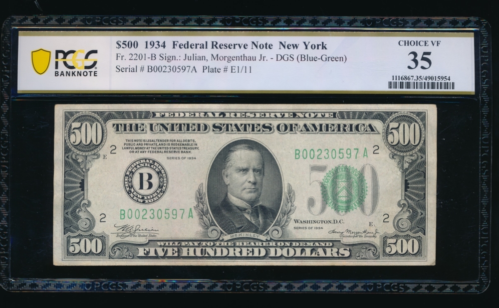 Fr. 2201-B 1934 $500  Federal Reserve Note New York PCGS 35 B00230597A