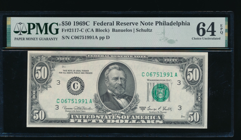 Fr. 2117-C 1969C $50  Federal Reserve Note Philadelphia PMG 64EPQ C06751991A
