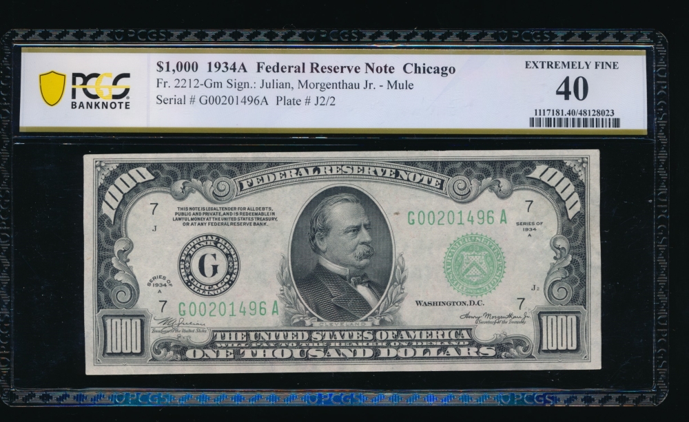 Fr. 2212-G 1934A $1,000  Federal Reserve Note Chicago PCGS 40 G00201496A