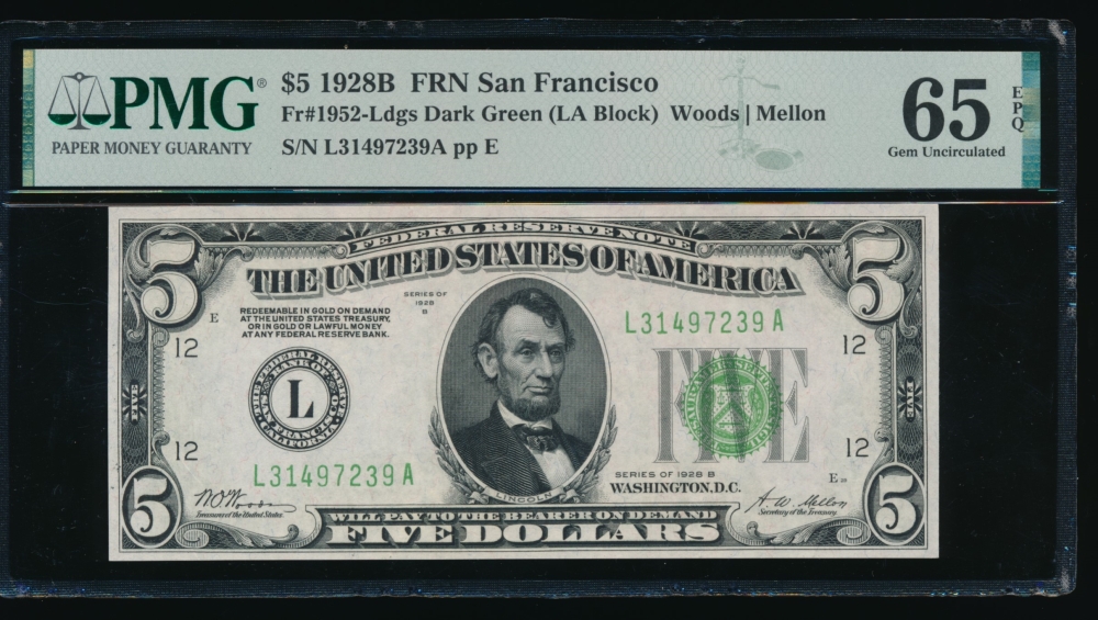 Fr. 1952-L 1928B $5  Federal Reserve Note San Francisco PMG 65EPQ L31497239A