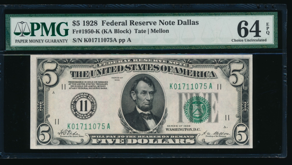 Fr. 1950-K 1928 $5  Federal Reserve Note Dallas PMG 64EPQ K01711075A