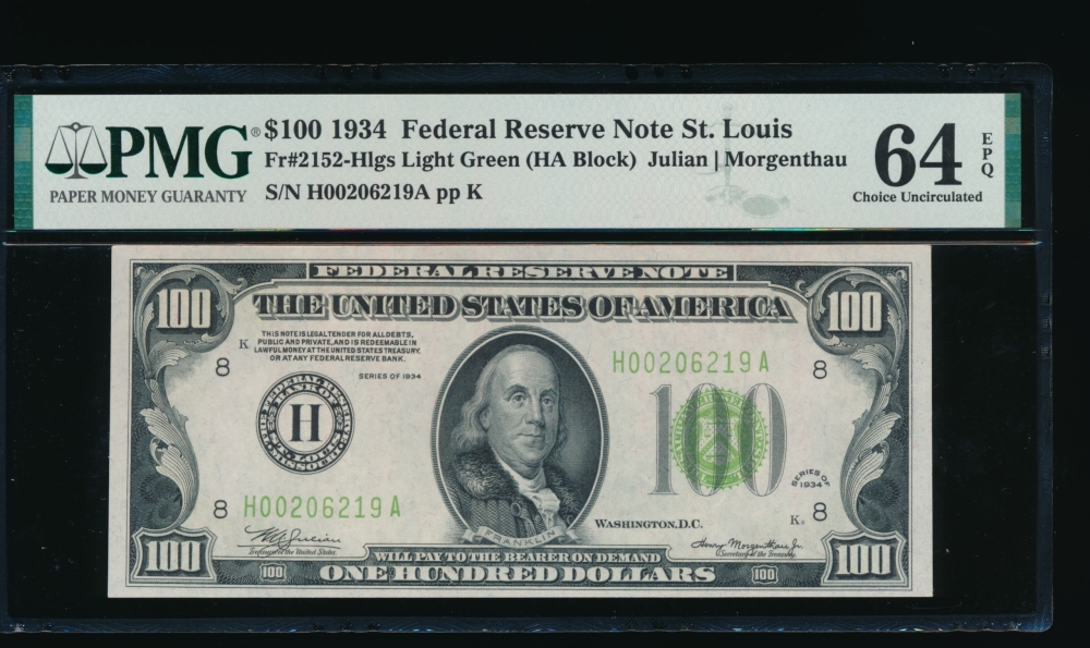Fr. 2152-H 1934 $100  Federal Reserve Note Saint Louis LGS PMG 64EPQ H00206219A