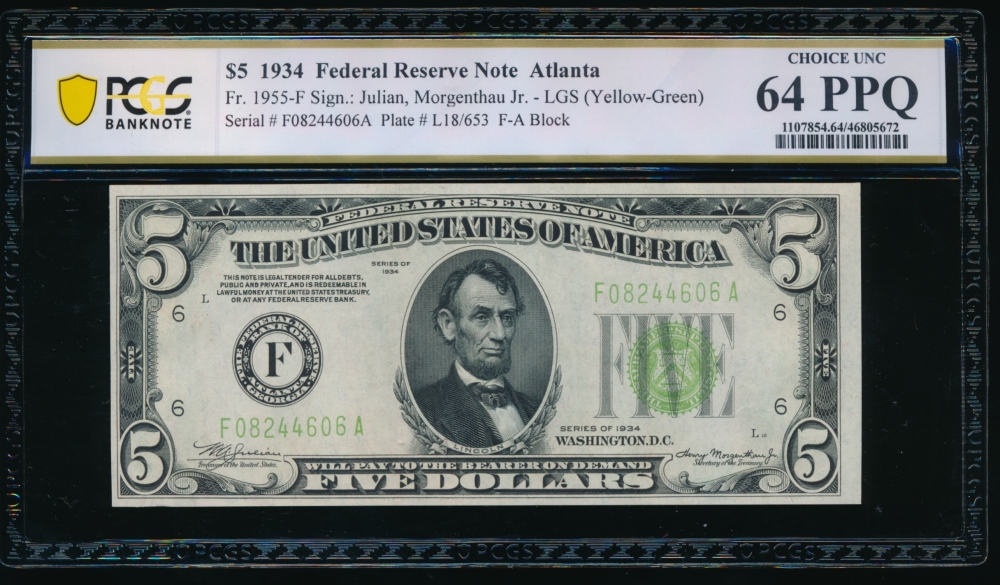 Fr. 1955-F 1934 $5  Federal Reserve Note Atlanta LGS PCGS 64PPQ F08244606A