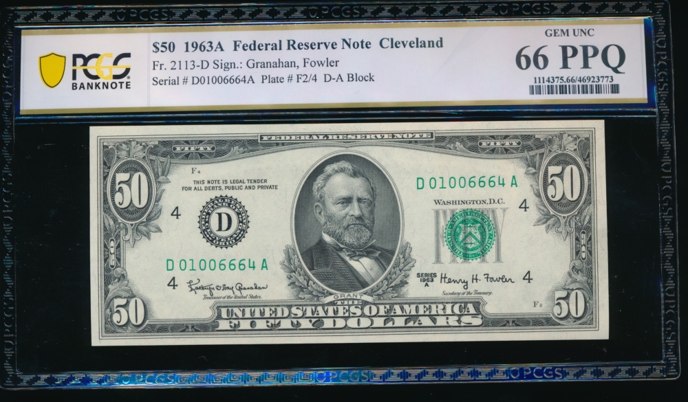 Fr. 2113-D 1963A $50  Federal Reserve Note Cleveland PCGS 66PPQ D01006664A