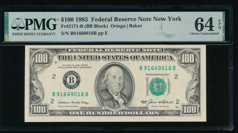 Fr. 2171-B 1985 $100  Federal Reserve Note New York PMG 64EPQ B91669016A