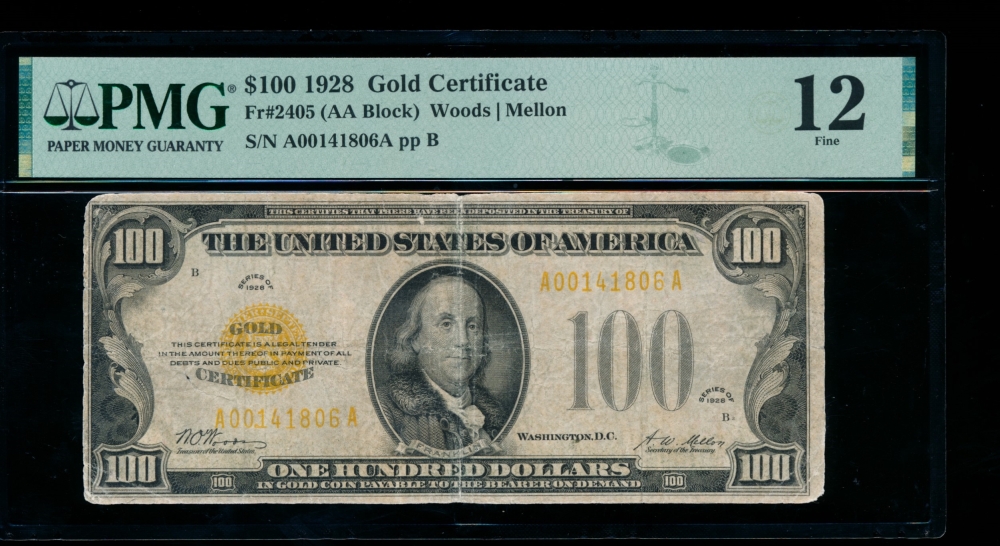Fr. 2405 1928 $100  Gold Certificate  PMG 12 A00141806A