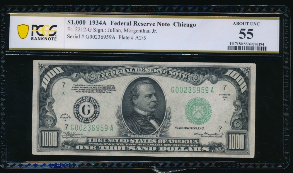 Fr. 2212-G 1934A $1,000  Federal Reserve Note Chicago PCGS 55 G00236959A