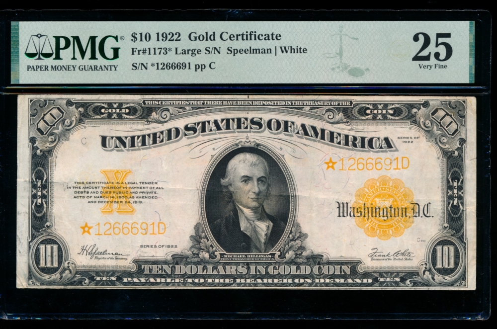 Fr. 1173 1922 $10  Gold Certificate star PMG 25 *1266691D