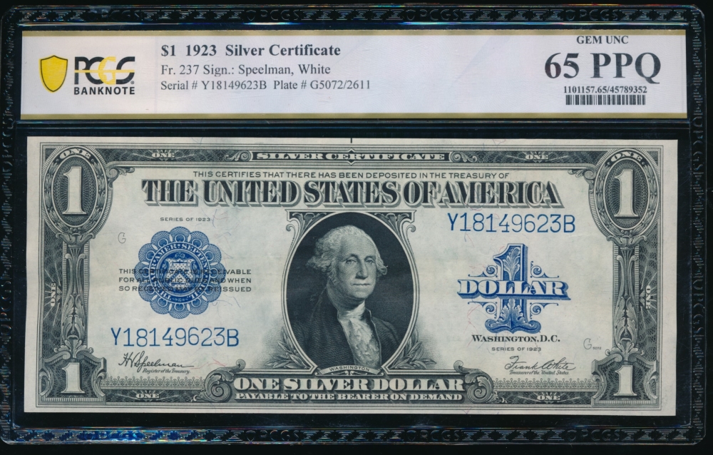 Fr. 237 1923 $1  Silver Certificate YB block PCGS 65PPQ Y18149623B