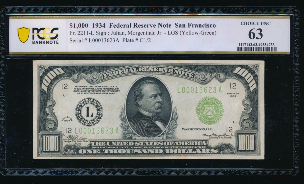 Fr. 2211-L 1934 $1,000  Federal Reserve Note San Francisco LGS PCGS 63 L00013623A