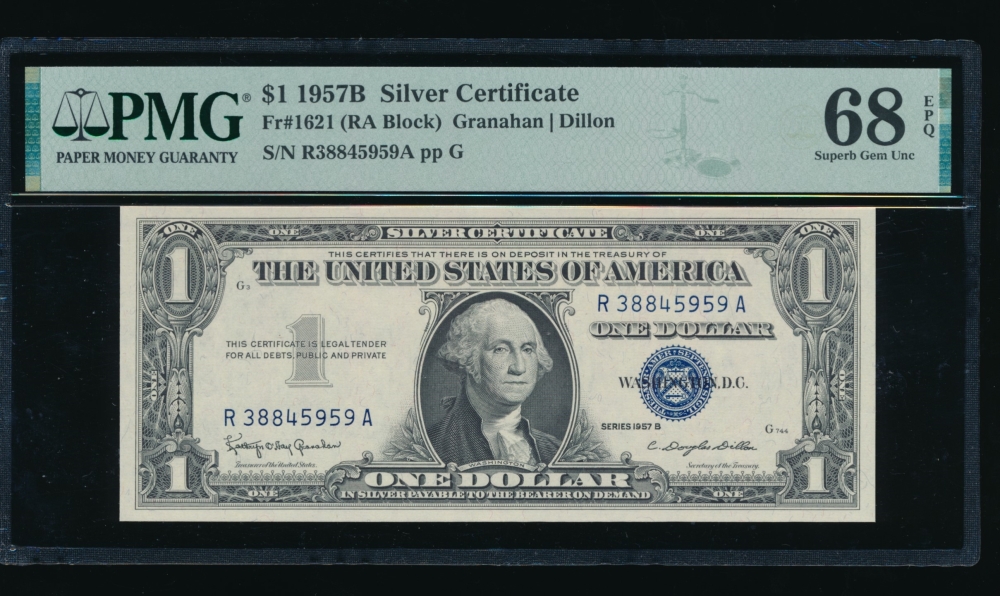 Fr. 1621 1957B $1  Silver Certificate RA block PMG 68EPQ R38845959A
