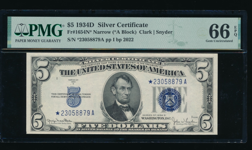 Fr. 1654 1934D $5  Silver Certificate Narrow, *A block PMG 66EPQ *23058879A