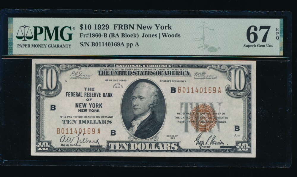 Fr. 1860-B 1929 $10  FRBN New York PMG 67EPQ B01140169A
