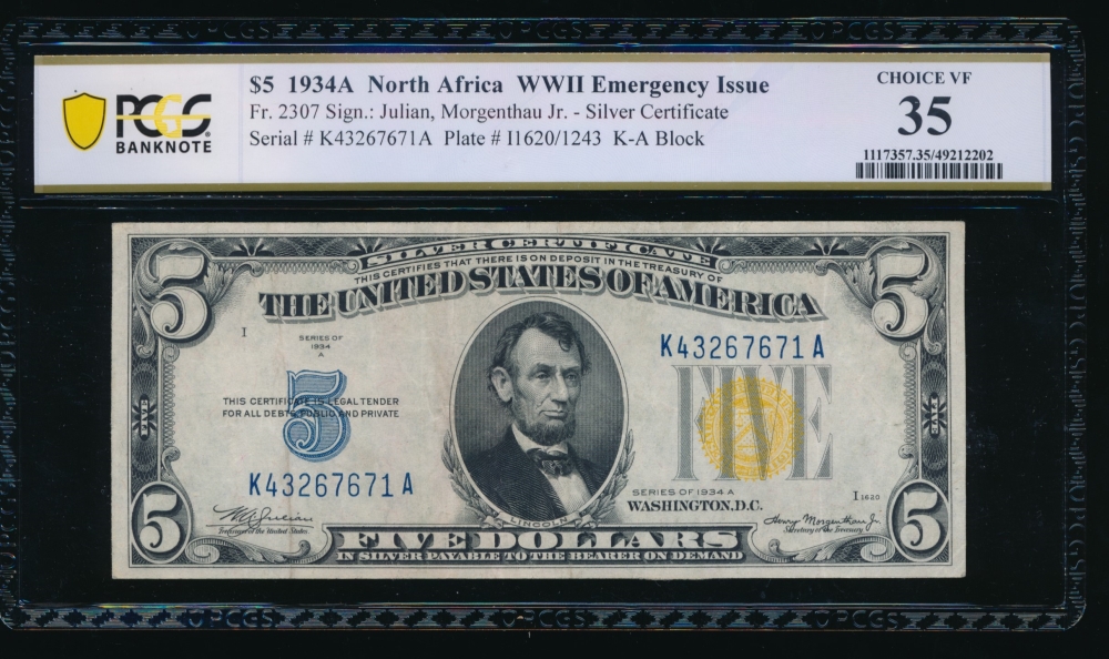 Fr. 2307 1934A $5  North Africa non-mule PCGS 35 K43267671A