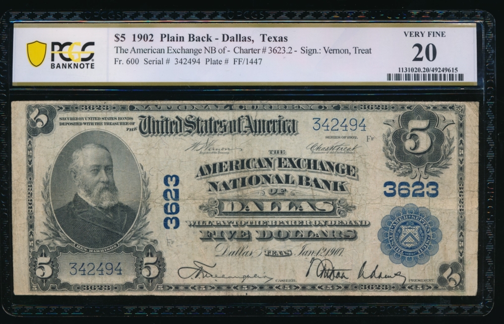 Fr. 600 1902 $5  National: Plain Back Ch #3623 The American Exchange Bank of Dallas, Texas PCGS 20 342494