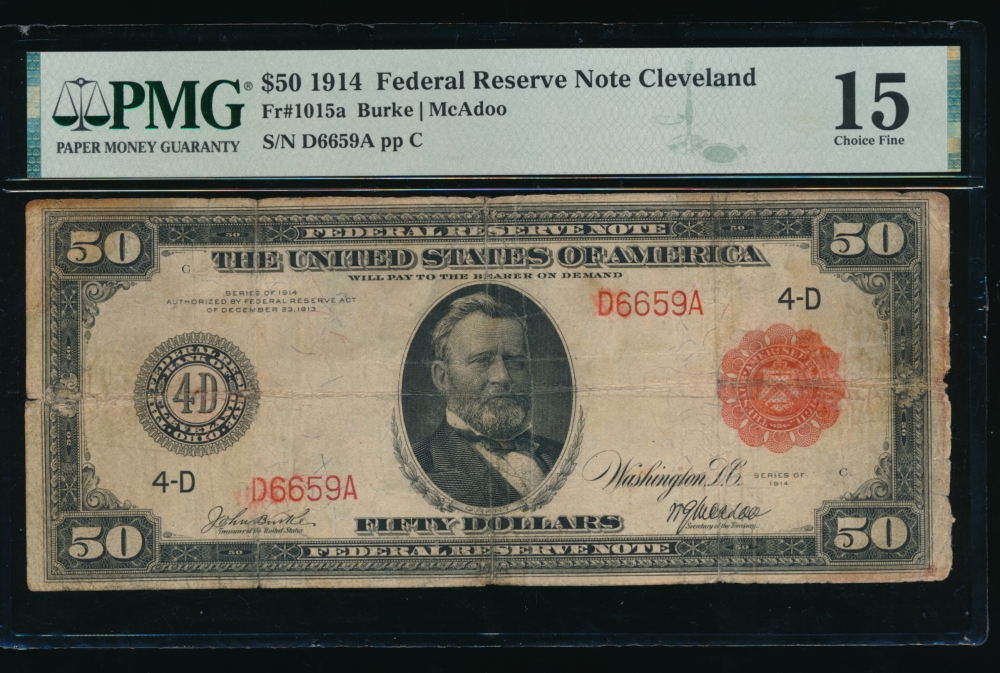 Fr. 1015a 1914 $50  Federal Reserve Note Cleveland red seal PMG 15 comment D6659A